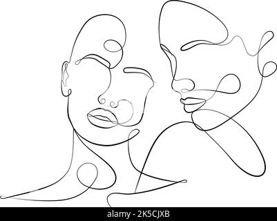 Abstract faces of women touch one line of a vector drawing. Stock Vector