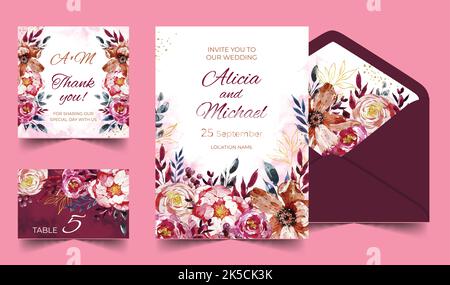 Realistic mockup of wedding invitation cards menu envelopes in blue color with text rings ribbons and seal isolated vector illustration Stock Vector