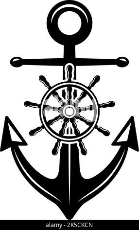 Illustration of an anchor with ship steering wheel in monochrome style ...