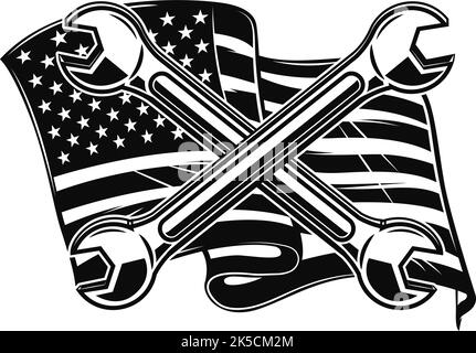 Illustration of crossed pipe wrenches on us flag background. Design element for poster, card, banner, sign. Vector illustration Stock Vector