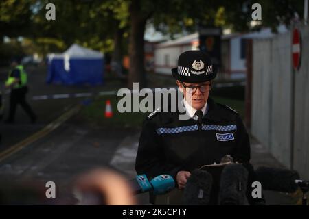 Deputy Chief Constable of Derbyshire Constabulary, Kate Meynell, issues a statement at the scene outside Ascot Drive police station in Derby where a man was taken to hospital after being shot by armed officers. Picture date: Friday October 7, 2022. Stock Photo