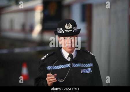 Deputy Chief Constable of Derbyshire Constabulary, Kate Meynell, issues a statement at the scene outside Ascot Drive police station in Derby where a man was taken to hospital after being shot by armed officers. Picture date: Friday October 7, 2022. Stock Photo