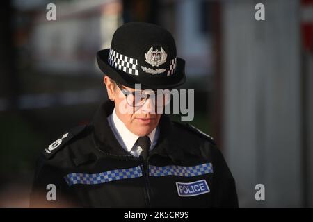 Deputy Chief Constable of Derbyshire Constabulary, Kate Meynell, issues a statement at the scene outside Ascot Drive police station in Derby where a man was taken to hospital after being shot by armed officers. Picture date: Friday October 7, 2022. Stock Photo