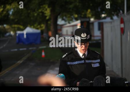 Deputy Chief Constable of Derbyshire Constabulary, Kate Meynell, issues a statement at the scene outside Ascot Drive police station in Derby where a man was taken to hospital after being shot by armed officers. Picture date: Friday October 7, 2022. Stock Photo