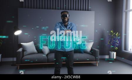 Guy with reality glasses. The world of the future. Virtual Entertainment Stock Photo