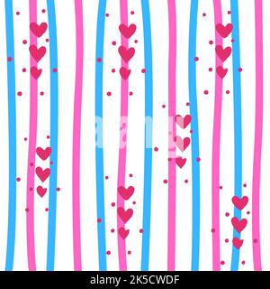 Pink Blue Striped Valentine Pattern With Pink And Red Hearts Vector Illustration Stock Vector