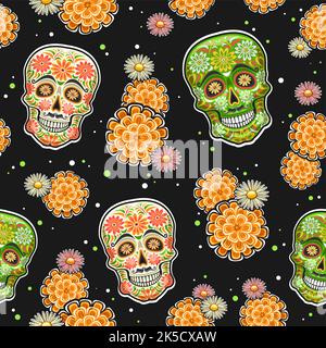Vector Day of the Dead seamless pattern, square repeating background with set of cut out illustrations of various colorful skulls and orange flowers o Stock Vector