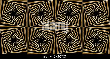 Seamless golden Art Deco palm fans optical illusion pattern. Vintage abstract geometric stripes gold relief on black background. Modern elegant metall Stock Photo