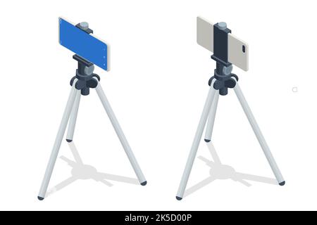 Isometric Smartphone with Blank Screen Fixed to Tripod on White Background. Video Streaming on Smart Phone with Tripod Stock Vector