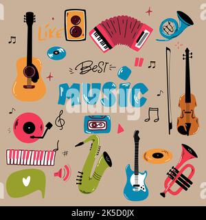 Big collection of cartoon music instruments. Vector illustration Stock ...