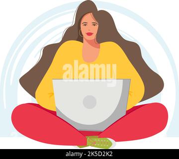 A woman is sitting in a lotus position and working on a laptop. Stock Vector