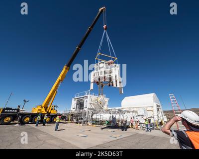 On Feb. 22, engineers successfully install ESA’s European Service Module Propulsion Qualification Module (PQM) at NASA’s White Sands Test Facility in New Mexico that was delivered by Airbus – ESA’s prime contractor for the Service Module. The module will be equipped with a total of 21 engines to support NASA’s Orion spacecraft: one U.S. Space Shuttle Orbital Maneuvering System (OMS) engine, eight auxiliary thrusters and 12 smaller thrusters produced by Airbus Safran Launchers in Germany. The all-steel PQM structure is used to test the propulsion systems on Orion, including “hot firing” of the Stock Photo