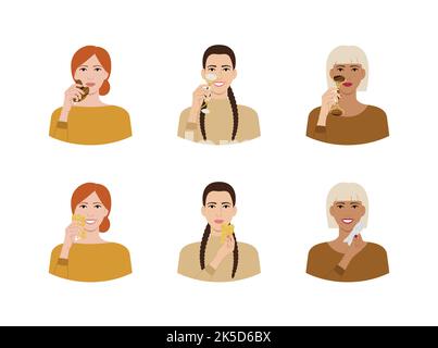 Set of portraits of diversity women with gua sha scraper and roller. Facial gua sha scraping massage tools. Variations of different nationalities wome Stock Vector