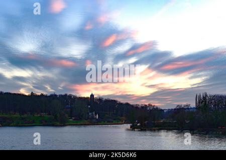 View from the Glienicke Bridge over the Tiefen See in the direction of Babelsberg with the Flatow Tower Stock Photo