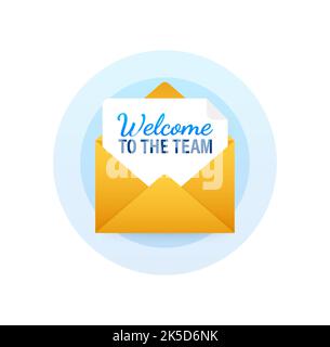 Icon with welcome team for banner design. Business communication vector banner. Cartoon font. Stock Vector