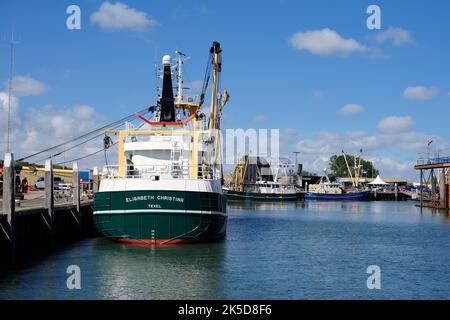 Fishing trawler in harbor, Oudeschild, Texel, North Holland, Netherlands Stock Photo