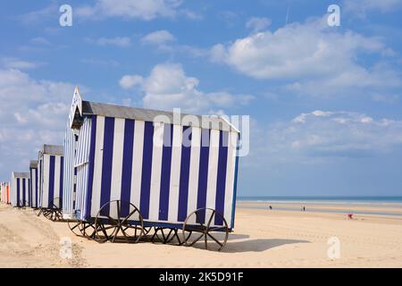 Beach cabins on the beach, De Panne, West Flanders, Flanders, Belgium Stock Photo