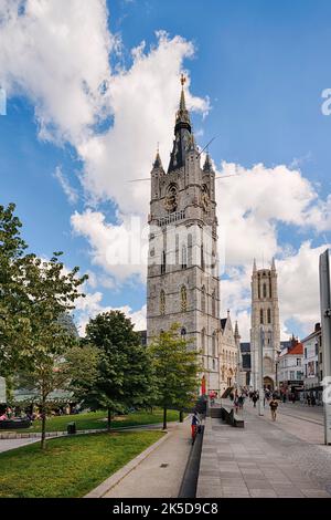 Belfry and Saint Bavo Cathedral, Ghent, East Flanders, Flanders, Belgium Stock Photo