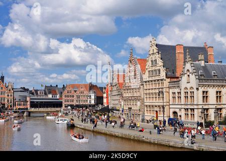 Graslei, old guild houses on the Leie, Ghent, East Flanders, Flanders, Belgium Stock Photo