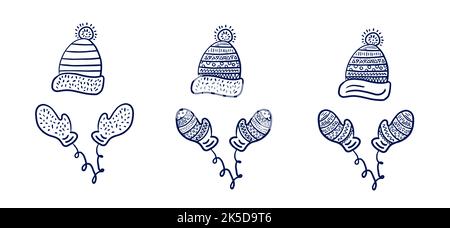 Set of cute hand drawn knitted hats and mittens. Gift for Christmas and New Year. Doodle style. Vector, illustration. Stock Vector