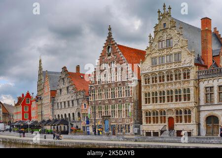 Graslei, old guild houses on the Leie, Ghent, East Flanders, Flanders, Belgium Stock Photo