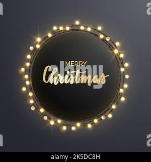 Round Christmas design with light bulb garland on dark backround. Vector illustration. Stock Vector