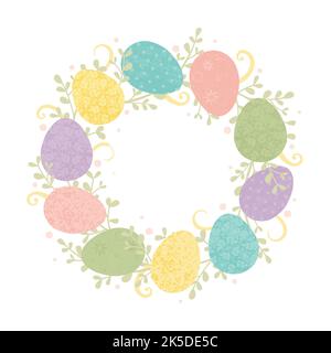 An Easter egg wreath with greenery and flourishes, in a cut paper style with textures Stock Vector