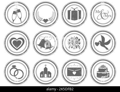 A set of 12 unique grunge stamps, wedding themed. Each stamp is isolated, grouped, labeled, and on an individual layer. Stock Vector