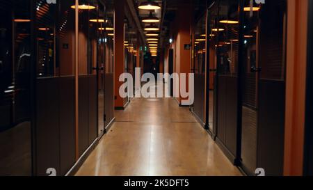 Corridor of modern business center office, e-commerce marketing company, real estate corporation with doors and separate offices, illuminated by lamps Stock Photo