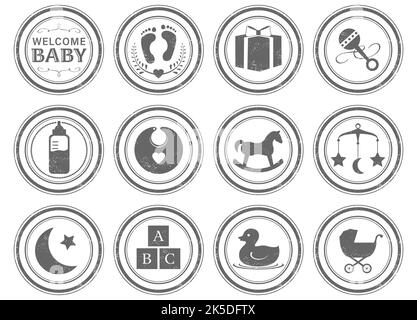 A set of 12 unique grunge stamps, baby themed. Each stamp is isolated, grouped, labeled, and on an individual layer. Stock Vector