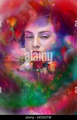 Roses in various colors are surrounding a dreamy womans face with translucent glowing veil gradients and bokeh textures. Stock Photo