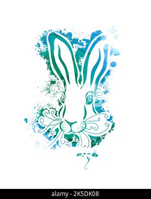 Blue hatching hare. 2023 year of the rabbit. The face of a hare from blots. Vector illustration Stock Vector