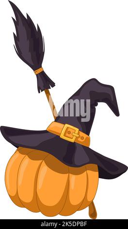 Pumpkin in a magic hat with broom Stock Vector