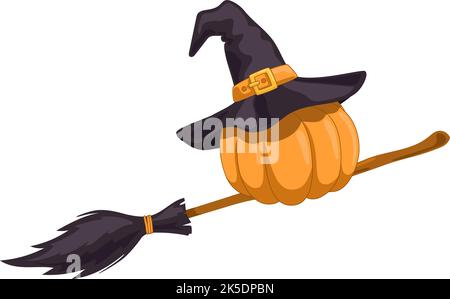Pumpkin in a magic hat flying on broom Stock Vector