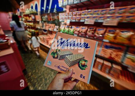 Vienna, Austria - May 17, 2022: Manner sweet wafers package in Austria store. Stock Photo