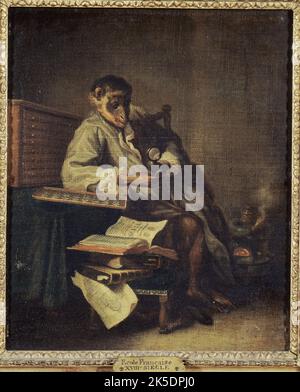 Le singe antiquaire, 1740. Monkey antiquary looking at coins with a magnifying glass. Stock Photo