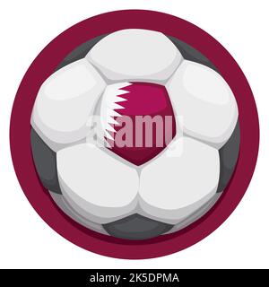Round button with soccer ball decorated with Qatar flag: white, maroon and serrated design. Stock Vector