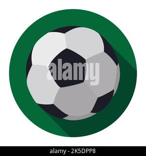Traditional black and white soccer ball over green round button. Design in flat style and long shadow. Stock Vector
