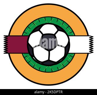 Round button with serrated labels as Qatar flag, soccer ball scoring a goal over a net over green circle. Stock Vector