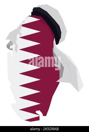 Geometric design of Qatar map with national flag inside of it and white keffiyeh in the top, isolated in flat style. Stock Vector