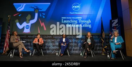 Director of Marshall Space Flight Center, Jody Singer, right, speaks on a panel with NASA's three other female center directors: Dr. Marla Peréz-Davis of Glenn Research Center, second from left, Vanessa Wyche of Johnson Space Center, center, Janet Petro of Kennedy Space Center, second from right, moderated by NASA General Counsel Sumara Thompson-King, left, during the 'DirectHERS' - Launching Through the Glass Ceiling event, Tuesday, June 7, 2022, at the Mary W. Jackson NASA Headquarters Building in Washington. Stock Photo