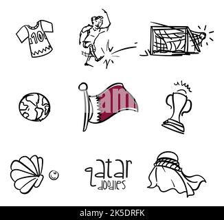 Doodles to celebrate the soccer event in Qatar: shirt, player scoring a goal in the net, globe, trophy, oyster with pearl, keffiyeh and waving flag. Stock Vector
