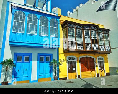 Colouful Old homes houses in santa cruz de la palma spain,las palma,la palma,las palma old town,fort in las palma,las palmas de gran caneria Stock Photo