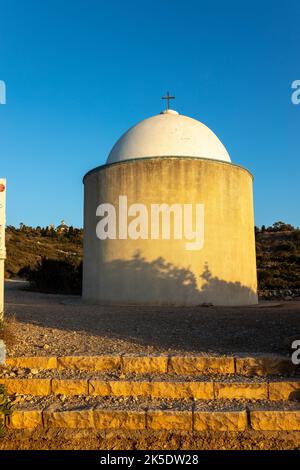 Haifa, Israel - 06.10.2022, view of The Holy Family Chapel, and the Mediterranean Sea, on Mount Carmel, Haifa, Northern Israel Stock Photo