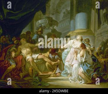 La Mort de S&#xe9;n&#xe8;que, 1773. The Death of Seneca. The Roman philosopher Seneca, accused of having participated in a conspiracy against the Emperor Nero, was ordered to commit suicide. Seneca accepts the sentence and his wife, Pompeia Paulina, chooses to die with him. The spouses open their veins, but death is slow to come. Seneca then asks the servants to keep his wife away to prevent one from weakening at the sight of the sufferings of the other. A doctor cuts the philosopher's ankles so that the blood flows faster into a basin placed at his feet, and a slave presents a vial of poison Stock Photo