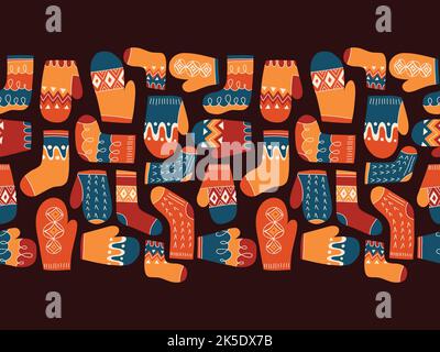 Colorful Retro Knitted Mittens and Socks Vector Seamless Horizontal Pattern Border Stock Vector