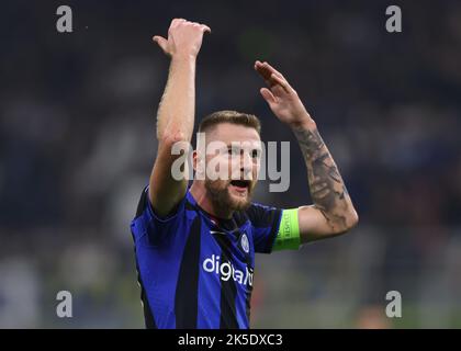 Milan, Italy, 4th October 2022. Milan Skriniar of FC Internazionale reacts during the UEFA Champions League Group C match at Giuseppe Meazza, Milan. Picture credit should read: Jonathan Moscrop / Sportimage Stock Photo