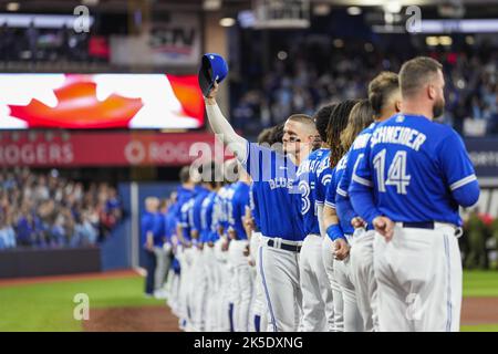 Toronto, Canada. 07th Oct, 2022. Toronto Blue Jays third baseman Matt Chapman waves to the crowd before the Canadian national anthem during game one of an American league wild-card series against the Seattle Mariners at Rogers Centre in Toronto, Canada on Friday, October 7, 2022. Photo by Andrew Lahodynskyj/UPI Credit: UPI/Alamy Live News Stock Photo