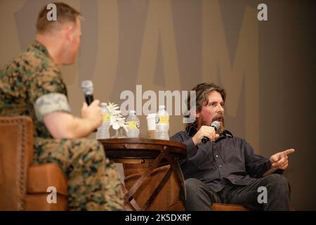 Oceanside, United States. 06th Oct, 2022. English actor Christian Bale responds to a question from U.S. Marine MSgt. Wayne Edmiston, left, during an onstage discussion about his latest movie “Amsterdam“, at the Pendleton Theater & Training Center on MCB Camp Pendleton, October 6, 2022 in Oceanside, California. Credit: LCpl. Hope Straley/US Marines/Alamy Live News Stock Photo