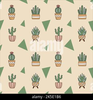 Seamless pattern with cute cacti in flower pots Stock Vector